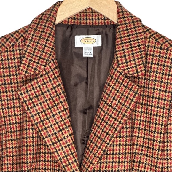 Talbots Houndtooth Brown Tan Red Plaid One Button 100% Wool Fall Jacket Blazer - Picture 5 of 14